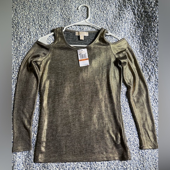 MICHAEL Michael Kors Metallic Gold Shimmer Cold-Shoulder Top, Sz PS NWT - Picture 1 of 14